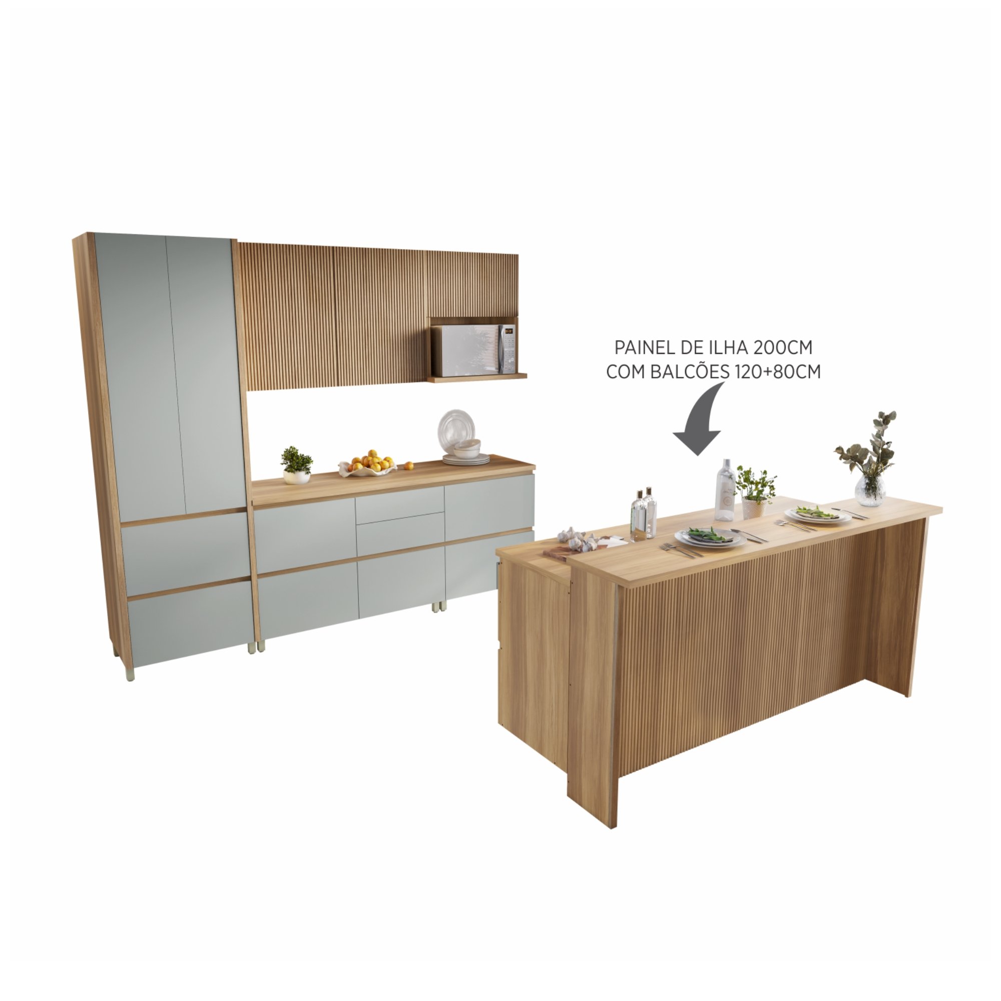 Cozinha Modulada 8 Peças Com 2 Armários Aéreos Ripado 4 Balcões 1 Paneleiro 1 Painel De Ilha  100% Mdf Rainha Gourmet - 20