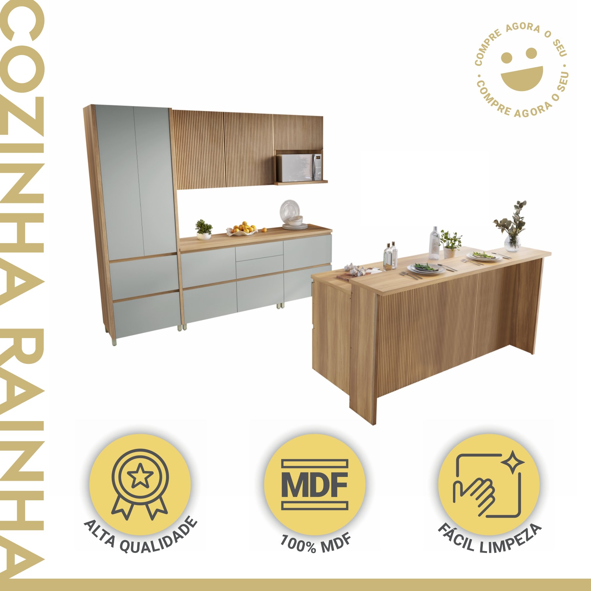 Cozinha Modulada 8 Peças Com 2 Armários Aéreos Ripado 4 Balcões 1 Paneleiro 1 Painel De Ilha  100% Mdf Rainha Gourmet - 2