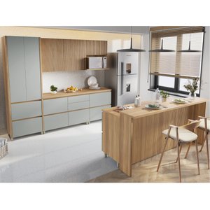 Cozinha Modulada 8 Peças Com 2 Armários Aéreos Ripado 4 Balcões 1 Paneleiro 1 Painel De Ilha  100% Mdf Rainha Gourmet