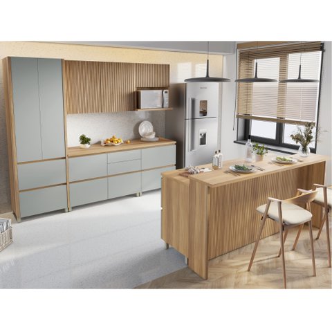Cozinha Modulada 8 Peças com 2 Armários Aéreos Ripado 4 Balcões 1 Paneleiro 1 Painel de Ilha 100% MDF Rainha Gourmet Marrom/Nature/Verde