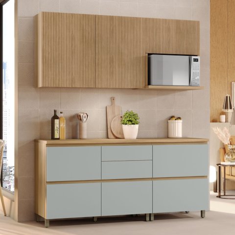 Cozinha Modulada 4 Peças Ripado 100% MDF Rainha Verde/Nature