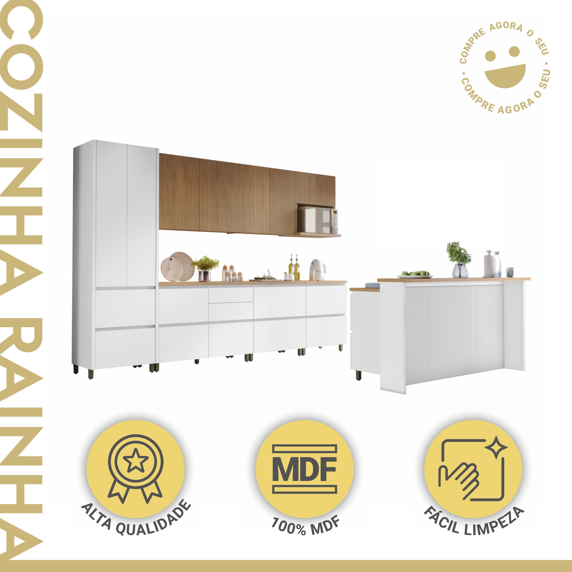 Cozinha Modulada 10 Peças Com 5 Balcões 3 Armários Aéreos Ripado 1 Paneleiro 1 Painel De Ilha  100% Mdf Rainha Gourmet - 2