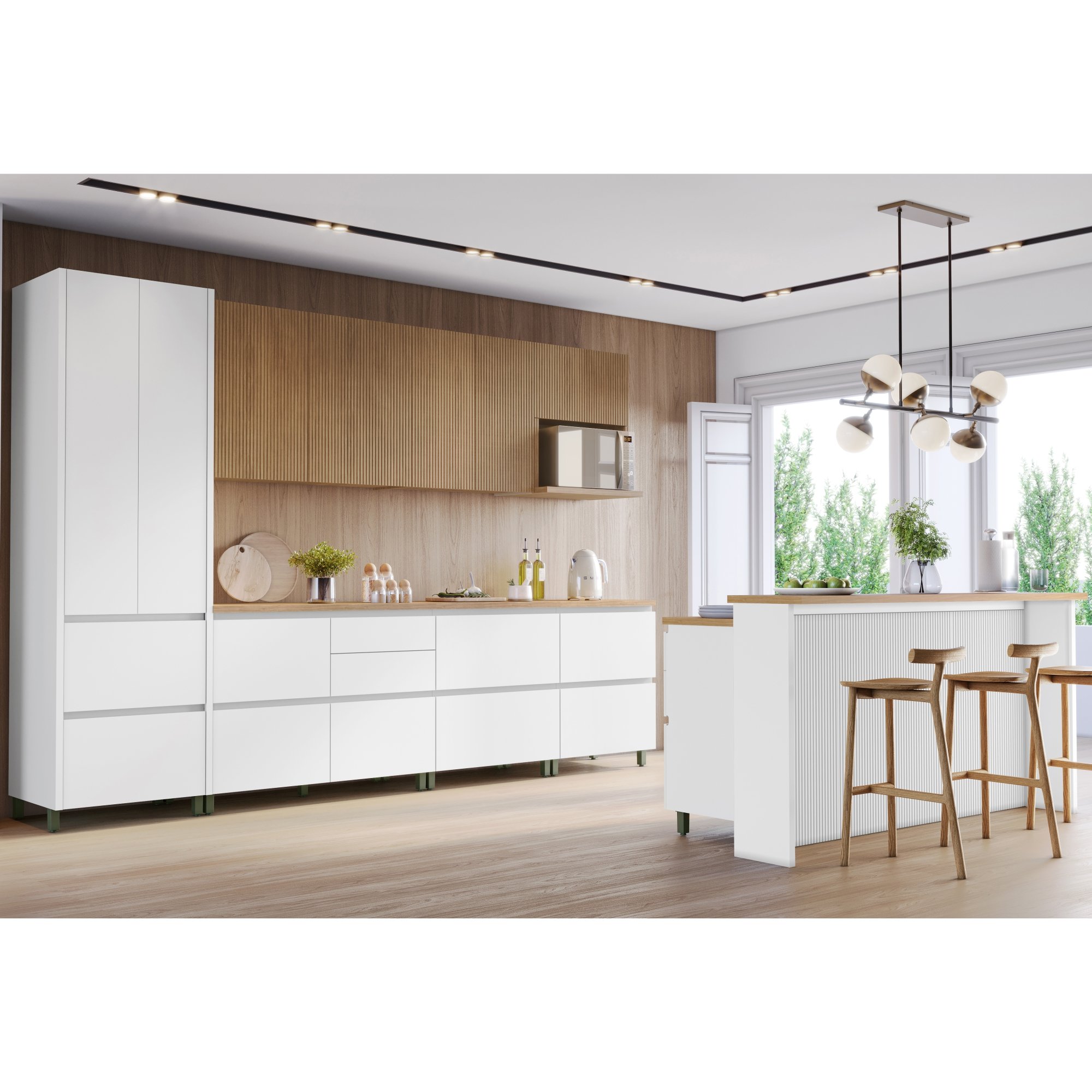 Cozinha Modulada 10 Peças Com 5 Balcões 3 Armários Aéreos Ripado 1 Paneleiro 1 Painel De Ilha  100% Mdf Rainha Gourmet