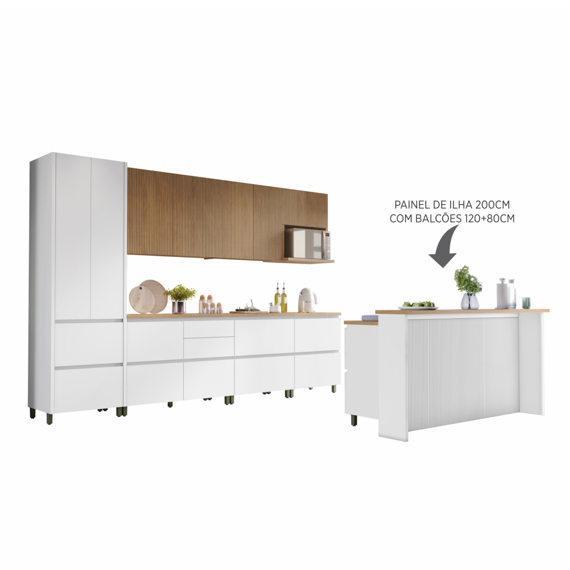 Cozinha Modulada 10 Peças Com 5 Balcões 3 Armários Aéreos Ripado 1 Paneleiro 1 Painel De Ilha  100% Mdf Rainha Gourmet - 20