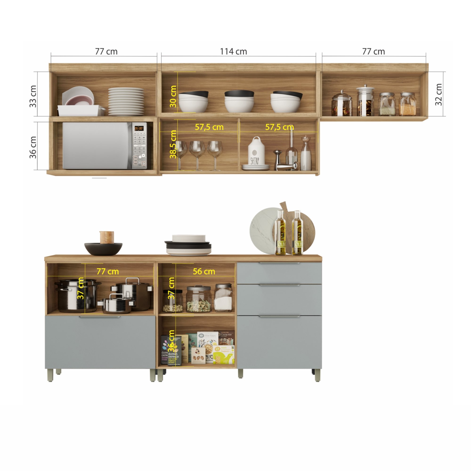 Cozinha Modulada 8 Peças Com 3 Armários Aéreos 4 Balcões 1 Painel De Ilha Ripado  100% Mdf Marquesa Gourmet - 16