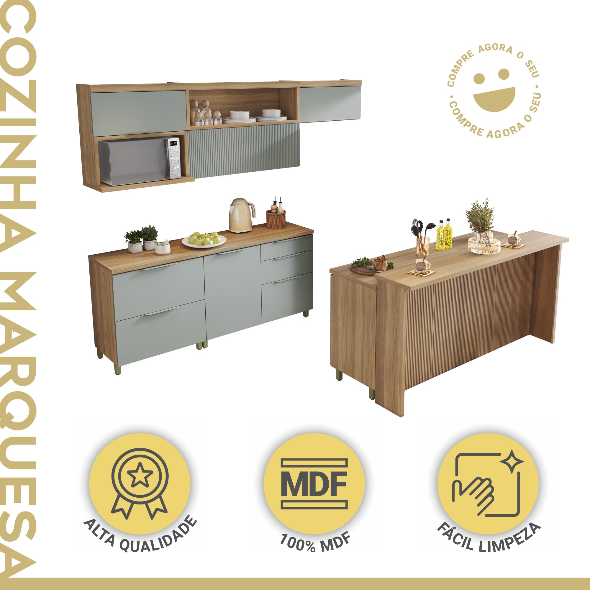 Cozinha Modulada 8 Peças Com 3 Armários Aéreos 4 Balcões 1 Painel De Ilha Ripado  100% Mdf Marquesa Gourmet - 2