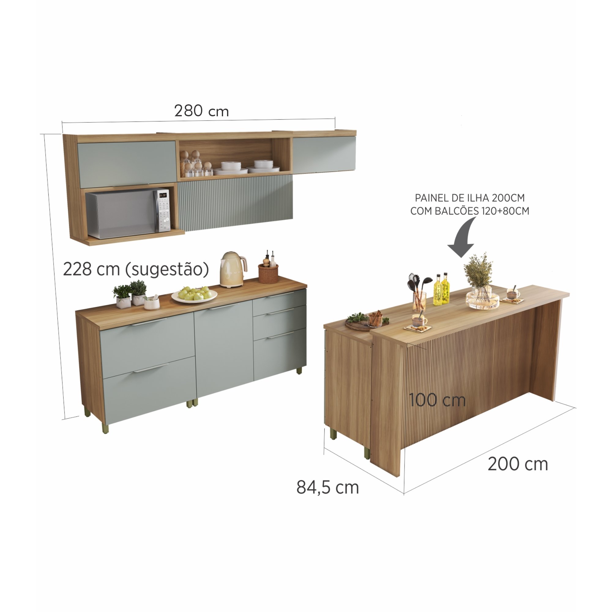 Cozinha Modulada 8 Peças Com 3 Armários Aéreos 4 Balcões 1 Painel De Ilha Ripado  100% Mdf Marquesa Gourmet - 17