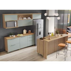 Cozinha Modulada 8 Peças Com 3 Armários Aéreos 4 Balcões 1 Painel De Ilha Ripado  100% Mdf Marquesa Gourmet