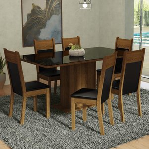 Conjunto Sala de Jantar Mesa Tampo de Vidro 6 Cadeiras Preto/rustic Francine Madesa