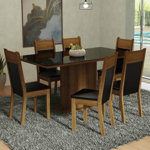 Conjunto Sala de Jantar Mesa Tampo de Vidro 6 Cadeiras Preto/rustic Francine Madesa