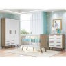 Dormitório Infantil Retrô com Guarda Roupa, Cômoda 4 Gavetas, Berço Carvalho/Branco e Colchão - Qmov - 2