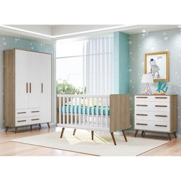 Dormitório Infantil Retrô com Guarda Roupa, Cômoda 4 Gavetas, Berço Carvalho/Branco e Colchão - Qmov - 2 Dormitório Infantil Retrô com Guarda Roupa, Cômoda 4 Gavetas, Berço Carvalho/Branco e Colchão - Qmov - 2