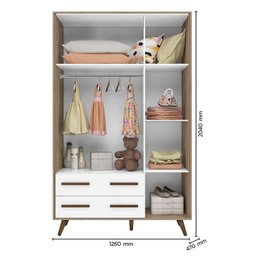 Dormitório Infantil Retrô com Guarda Roupa, Cômoda 4 Gavetas, Berço Carvalho/Branco e Colchão - Qmov - 3 Dormitório Infantil Retrô com Guarda Roupa, Cômoda 4 Gavetas, Berço Carvalho/Branco e Colchão - Qmov - 3