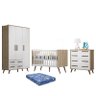 Dormitório Infantil Retrô com Guarda Roupa, Cômoda 4 Gavetas, Berço Carvalho/Branco e Colchão - Qmov - 1