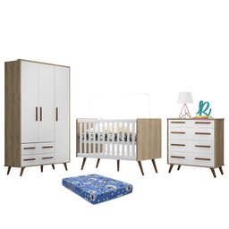 Dormitório Infantil Retrô com Guarda Roupa, Cômoda 4 Gavetas, Berço Carvalho/Branco e Colchão - Qmov - 1 Dormitório Infantil Retrô com Guarda Roupa, Cômoda 4 Gavetas, Berço Carvalho/Branco e Colchão - Qmov - 1