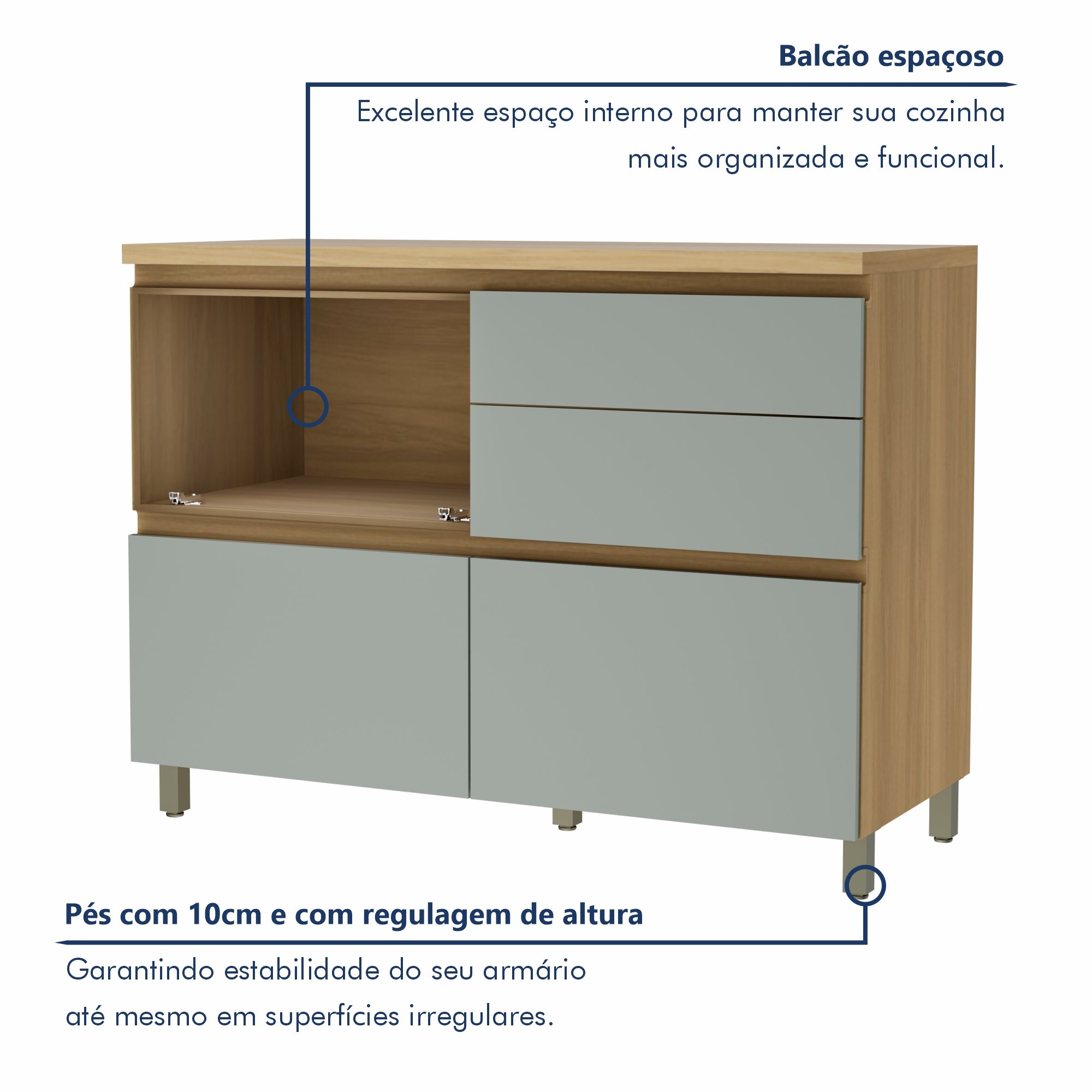 Balcão 1 Porta Basculante 4 Gavetas 120Cm  100% Mdf Rainha - 3