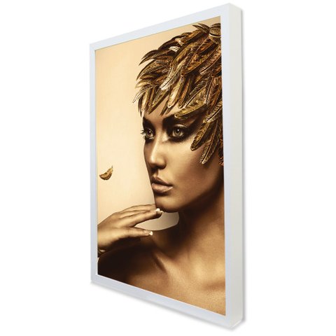 Quadro Decorativo Caixa Mulher Dourada Tacolado Moldura Caixa 3cm Branca com Vidro 80 X 120cm