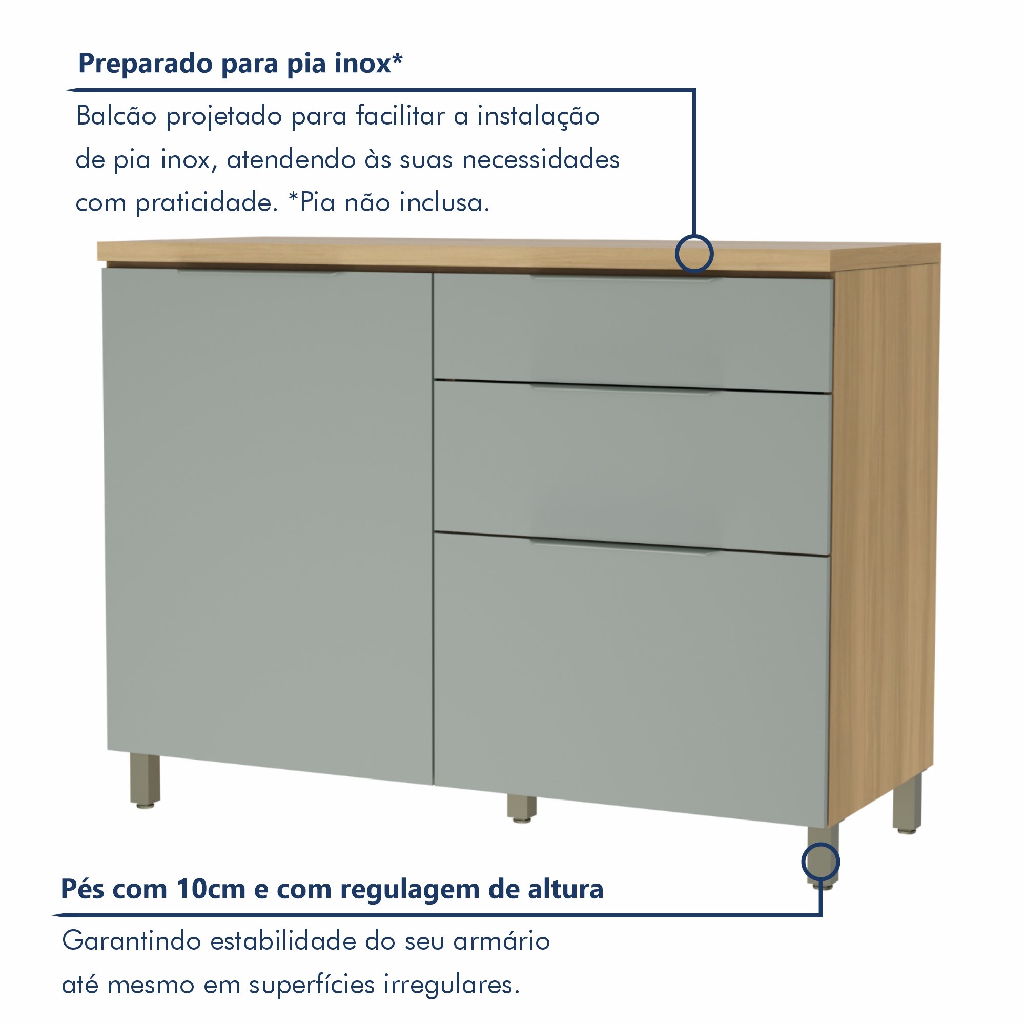 Balcão 1 Porta 3 Gavetas 120Cm  100% Mdf Marquesa - 2