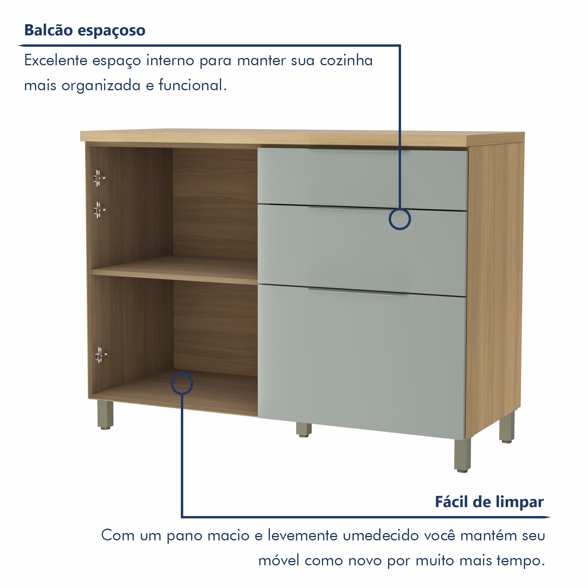 Balcão 1 Porta 3 Gavetas 120Cm  100% Mdf Marquesa - 3