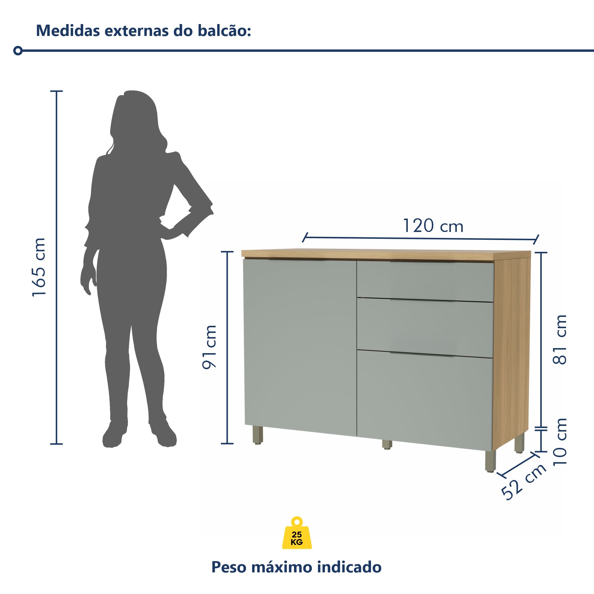 Balcão 1 Porta 3 Gavetas 120Cm  100% Mdf Marquesa - 9