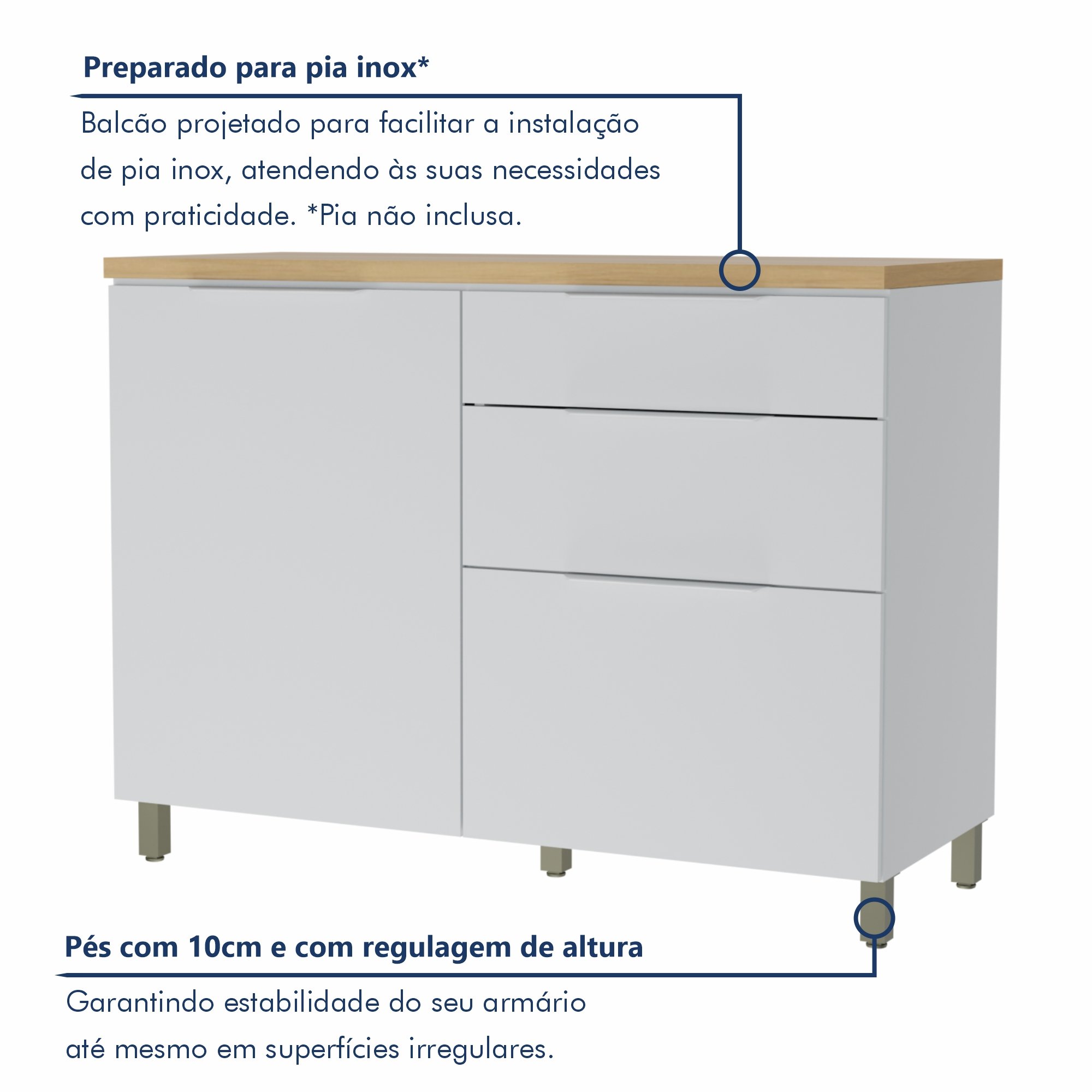 Balcão 1 Porta 3 Gavetas 120Cm  100% Mdf Marquesa - 2