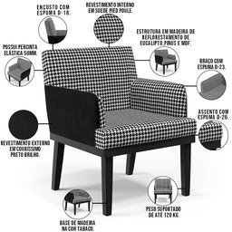 Poltrona Decorativa Base Tabaco Beatriz W01 Suede Pied Poule Couríssimo Preto - Lyam Decor - 4