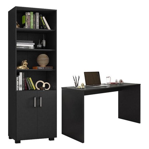 Mesa para Computador Gávea e Livreiro Office com Portas Pequenas Preto Trama - Móveis Leão