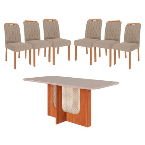 Sala de Jantar Mesa Louise 1,60 com 6 Cadeiras Paola Wood Cinamomo/off/mad/linho Bege