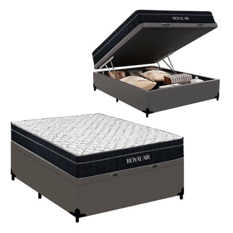 Cama Box Baú Casal 138cm Royal Air com Colchão Molas Ensacadas Pillow Top Preto e Branco Royal