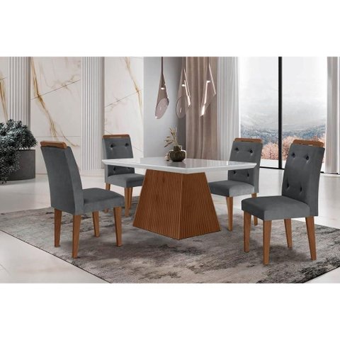 Conjunto: Mesa Sala Jantar Luna C/ Tampo Madeirado C/ Vidro Canto Curvo 120x80cm e 4 Cadeiras