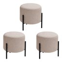 Ver imagem 1 de Kit com 3 Puffs Luxor Redondos em Linho Pés de Ferro Design Minimalista Sala Moderna - Bege Claro