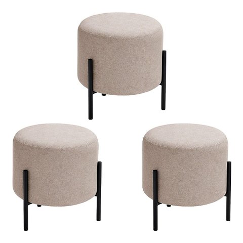 Kit com 3 Puffs Luxor Redondos em Linho Pés de Ferro Design Minimalista Sala Moderna - Bege Claro