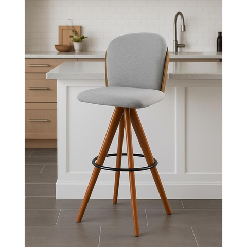 Banqueta Giratória Estofada com Encosto e Base em Madeira Castanho – Ayala Exclusiva Linho Lincoln C