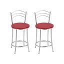 Ver imagem 2 de Kit 2 Banquetas Baixas Cromadas com Assento Estofado e Encosto para Bancada Cozinha e Área Gourmet Cinza Cromada/Vermelho