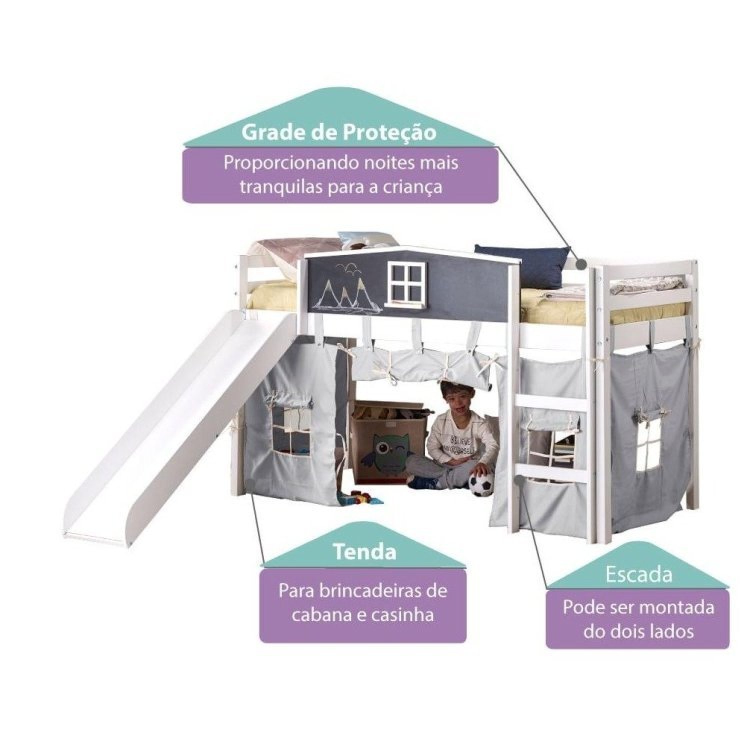 Cama Infantil Lousa Divertida com Escorregador e Cabana Casatema - 4