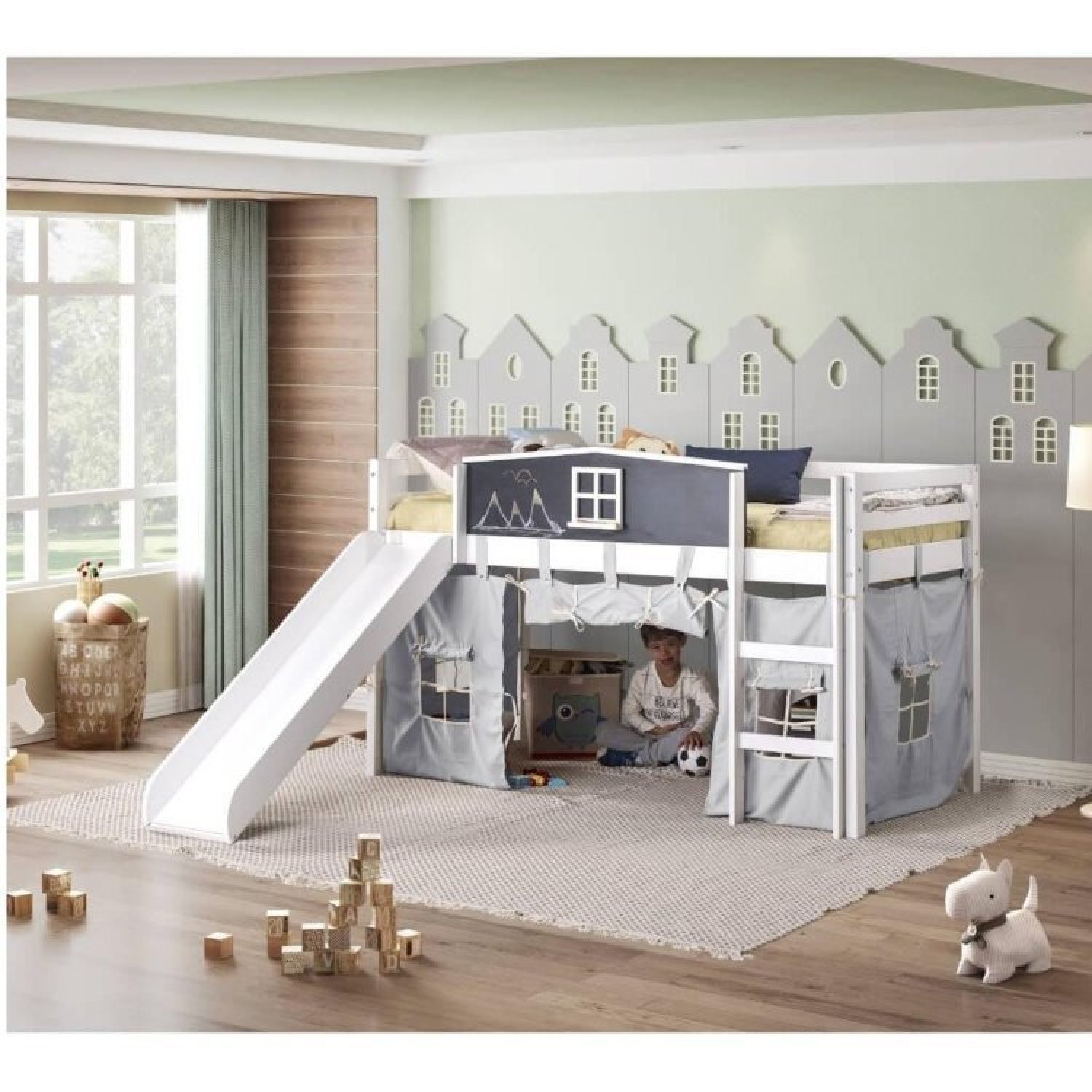 Cama Infantil Lousa Divertida com Escorregador e Cabana Casatema - 1