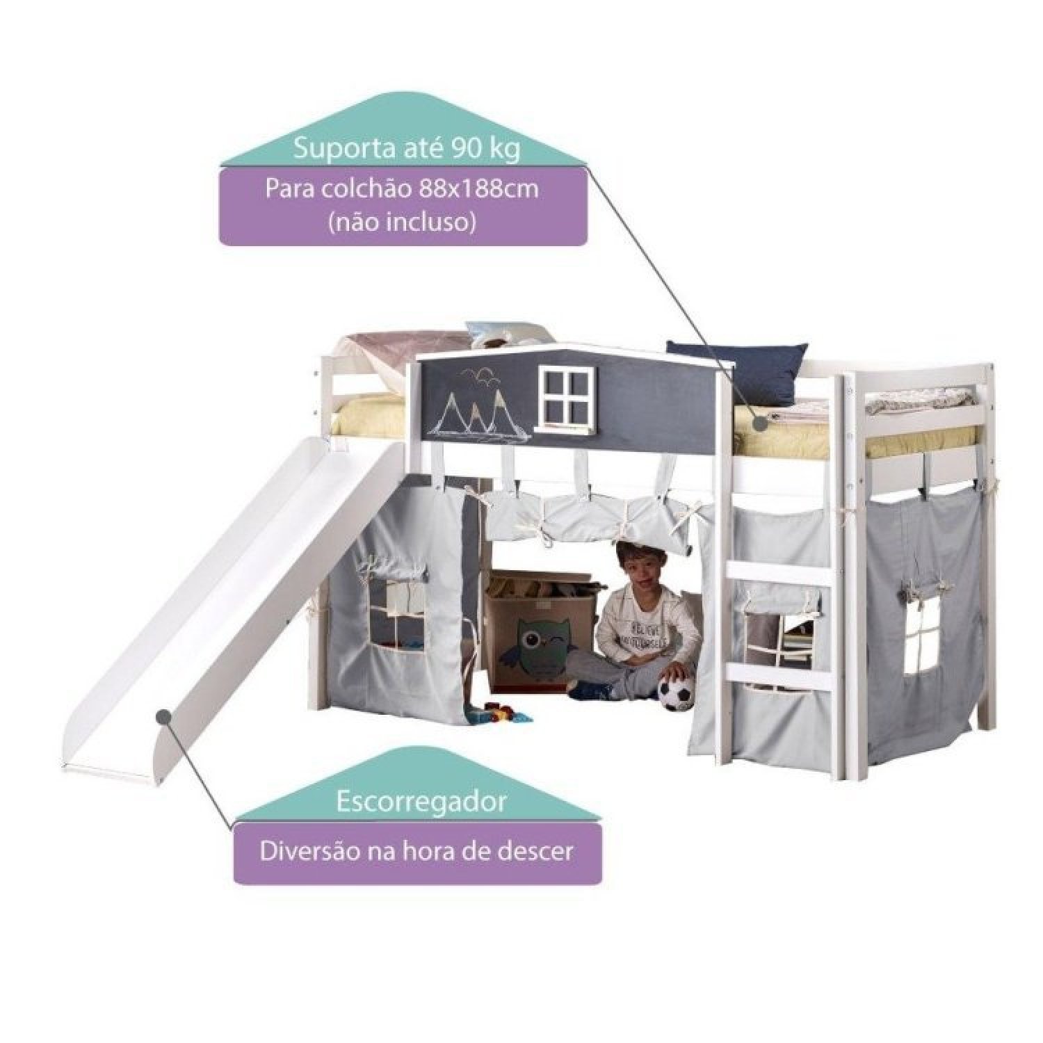 Cama Infantil Lousa Divertida com Escorregador e Cabana Casatema - 3