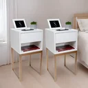 Ver imagem 1 de Kit 2 Mesas de Cabeceira Estilo Industrial Eco Branca 30cm com Pés Ferro Dourado 1 Gaveta e Nicho