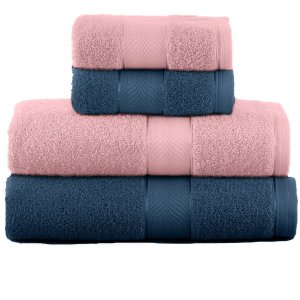Jogo de Toalha - Fio Penteado - Duomo - 4 Peças - 100% Algodão - Teka Cor: Marinho / Rosa