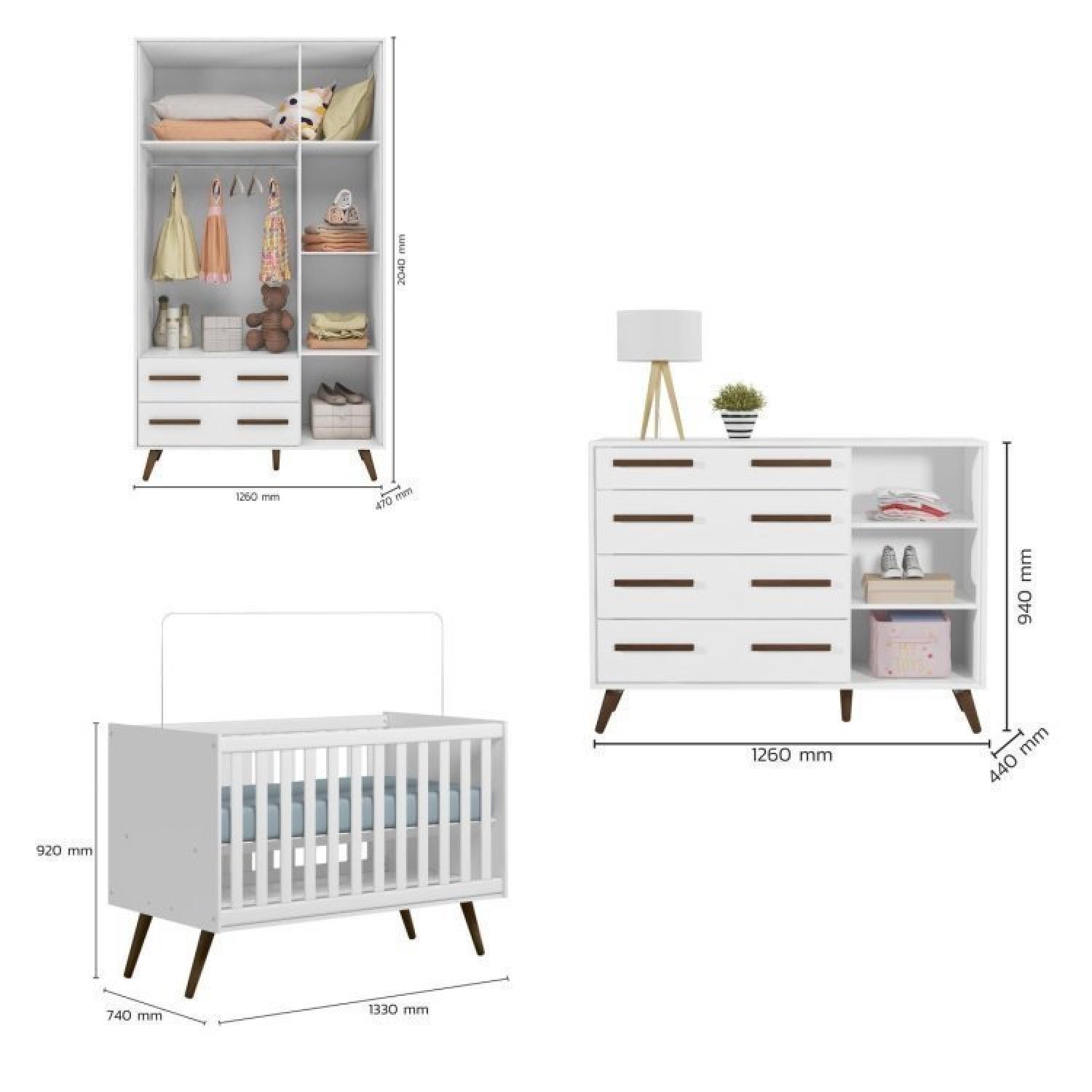 Quarto de Bebê Completo com Berço Guarda Roupa 3 Portas e Cômoda Infantil Sapateira Retrô Qmovi - 3