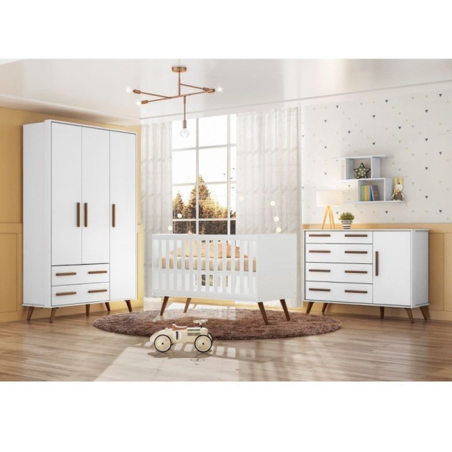 Quarto de Bebê Completo com Berço Guarda Roupa 3 Portas e Cômoda Infantil Sapateira Retrô Qmovi - 1