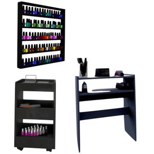 kit Preto Porta Esmaltes + Mesa Manicure + Aparador Carrinho Auxiliar - AJL AJL STORE