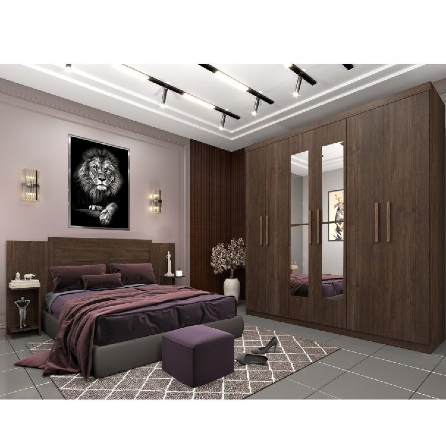 Quarto Casal com Roupeiro 6 Portas Olimpo e Painel Cabeceira Tcil Móveis - 1