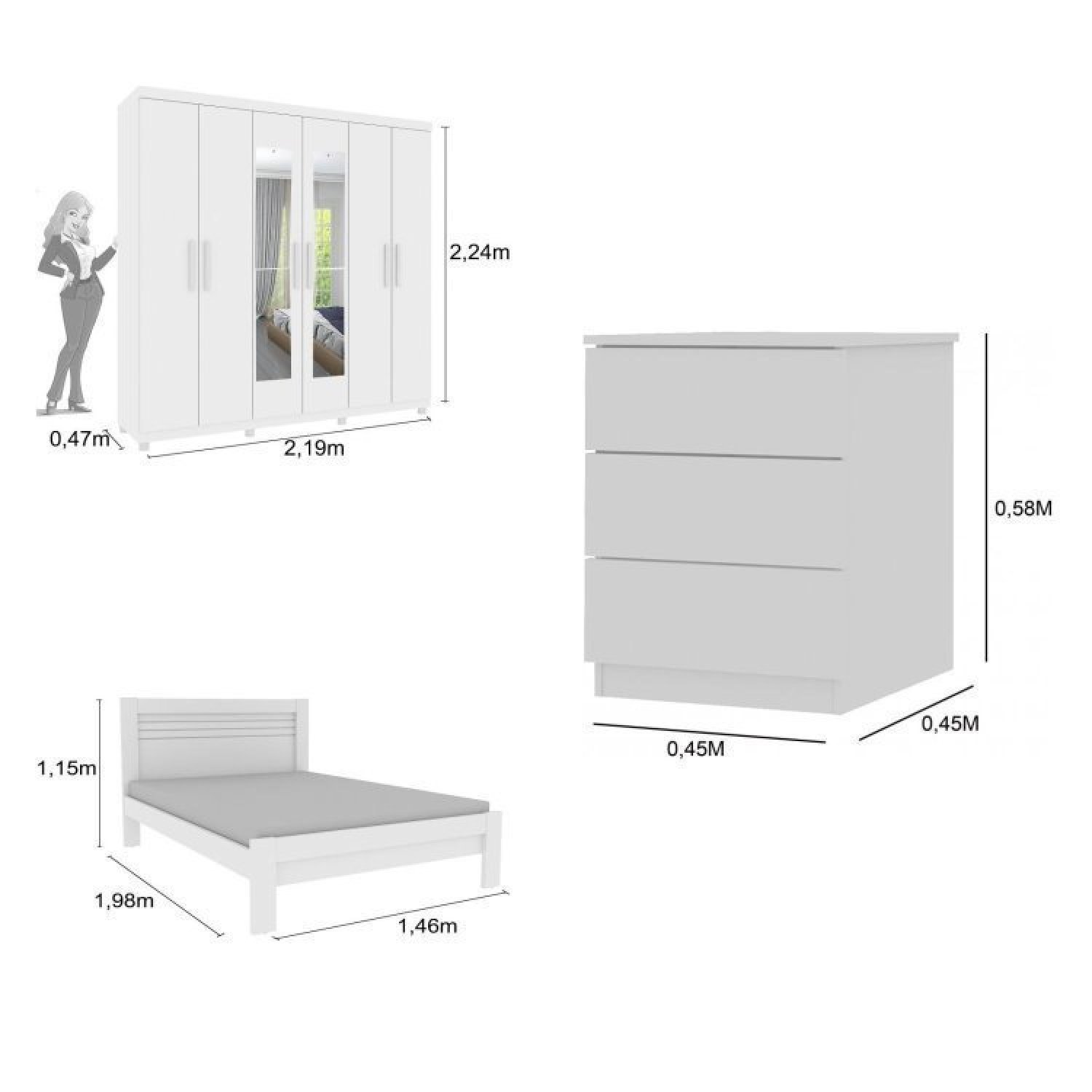 Quarto Casal com Roupeiro 6 Portas Olimpo, Cama e Mesa de Cabeceira  - 3