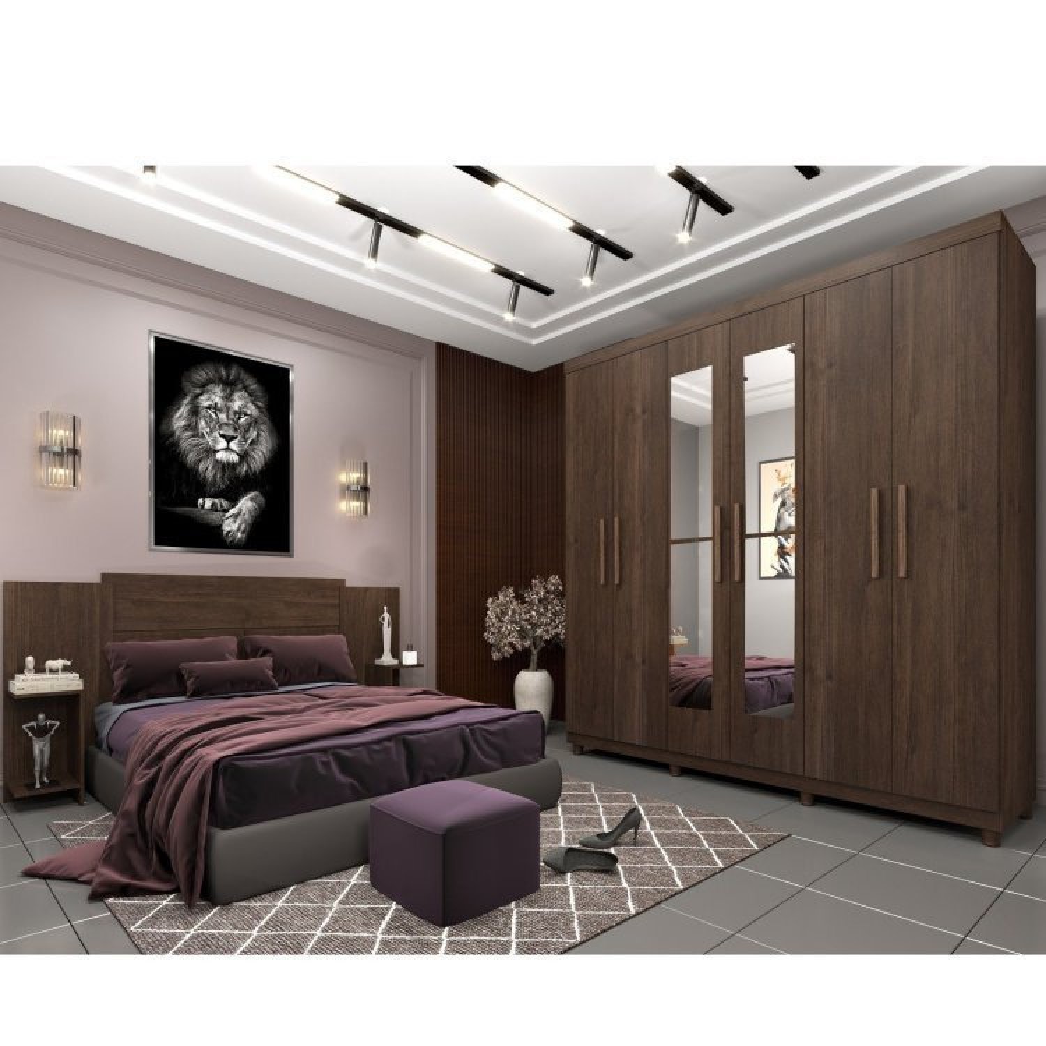 Quarto Casal com Roupeiro 6 Portas Olimpo e Painel Cabeceira Tcil Móveis - 1