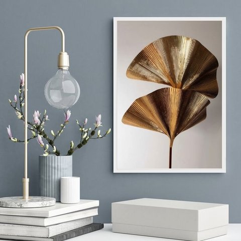 Quadro Decorativo Abstrato Folha Leque Bronze 33x24cm - com Vidro:madeira Branca