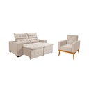 Ver imagem 1 de Kit Sofá Bari Retrátil Reclinável 1,90m Pillow + Poltrona Florença Espuma Premium - Marfim Veludo
