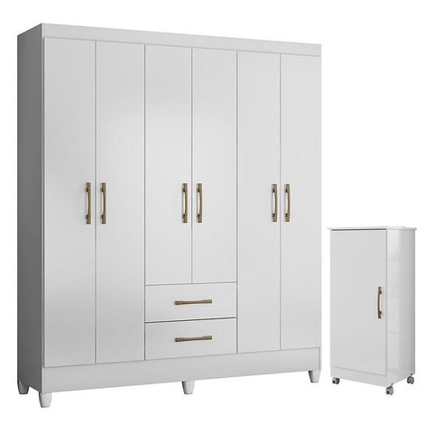 Guarda Roupa Casal Panamá e Armário Multiuso Lírio Branco Brilho – Moval