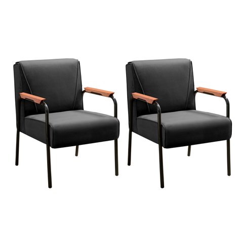 Kit 2 Poltronas Decorativas Jade Braços Fixo para Sala de Estar, Recepção - Veludo Preto