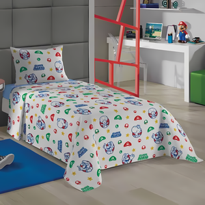 Jogo de Cama Solteiro Super Mario 3 Peças 100% Algodão